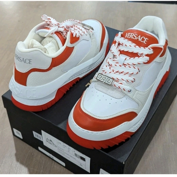 $925 VERSACE Odissea Leather Low-Top Sneakers White/Coral 45 US 12